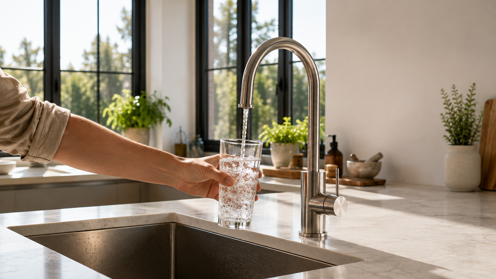 Iemand vult een glas met helder zacht water uit een design keukenkraan