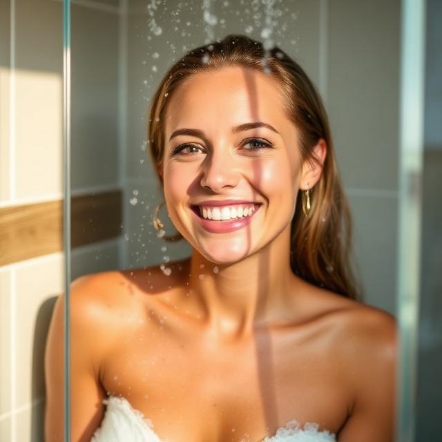 Lachende vrouw geniet van een warme douche