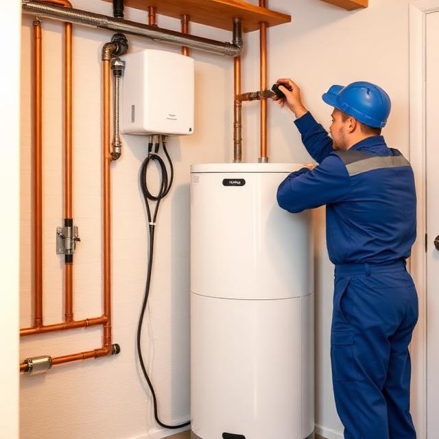 Monteur installeert een waterontharder in een meterkast