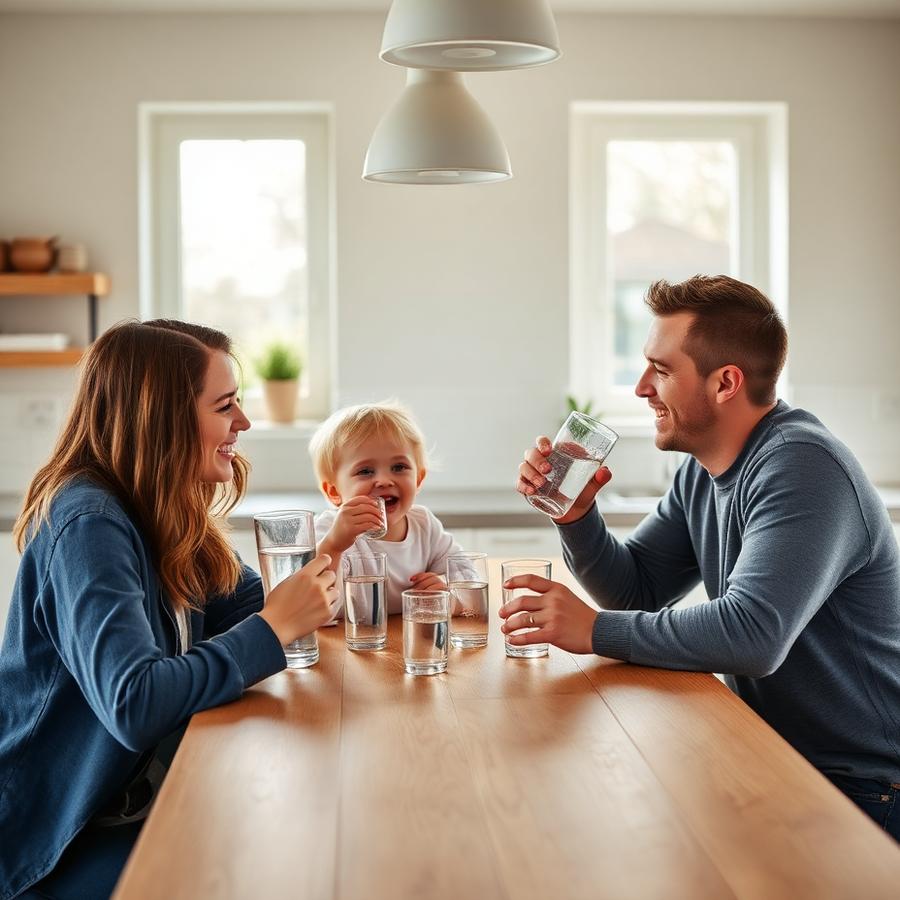 Gezin drinkt samen glazen zacht water aan de keukentafel