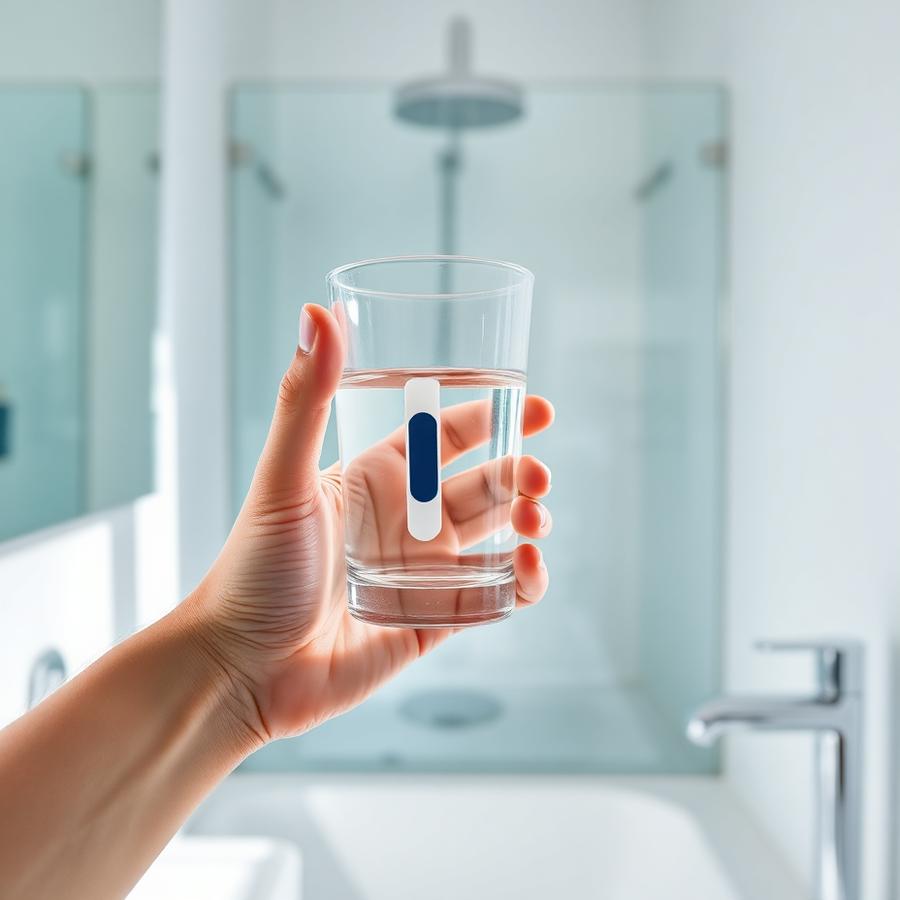 Hand houdt een glas water met teststrip tegen het licht in een badkamer
